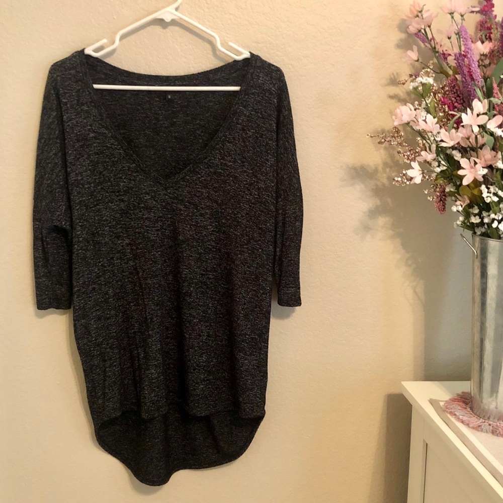 Express M 3/4 Sleeve Gray Deep V Neck Top